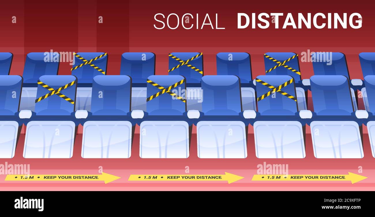 rows of blue seats in empty theater auditorium with protection measures yellow stickers social distancing concept horizontal copy space vector illustration Stock Vector