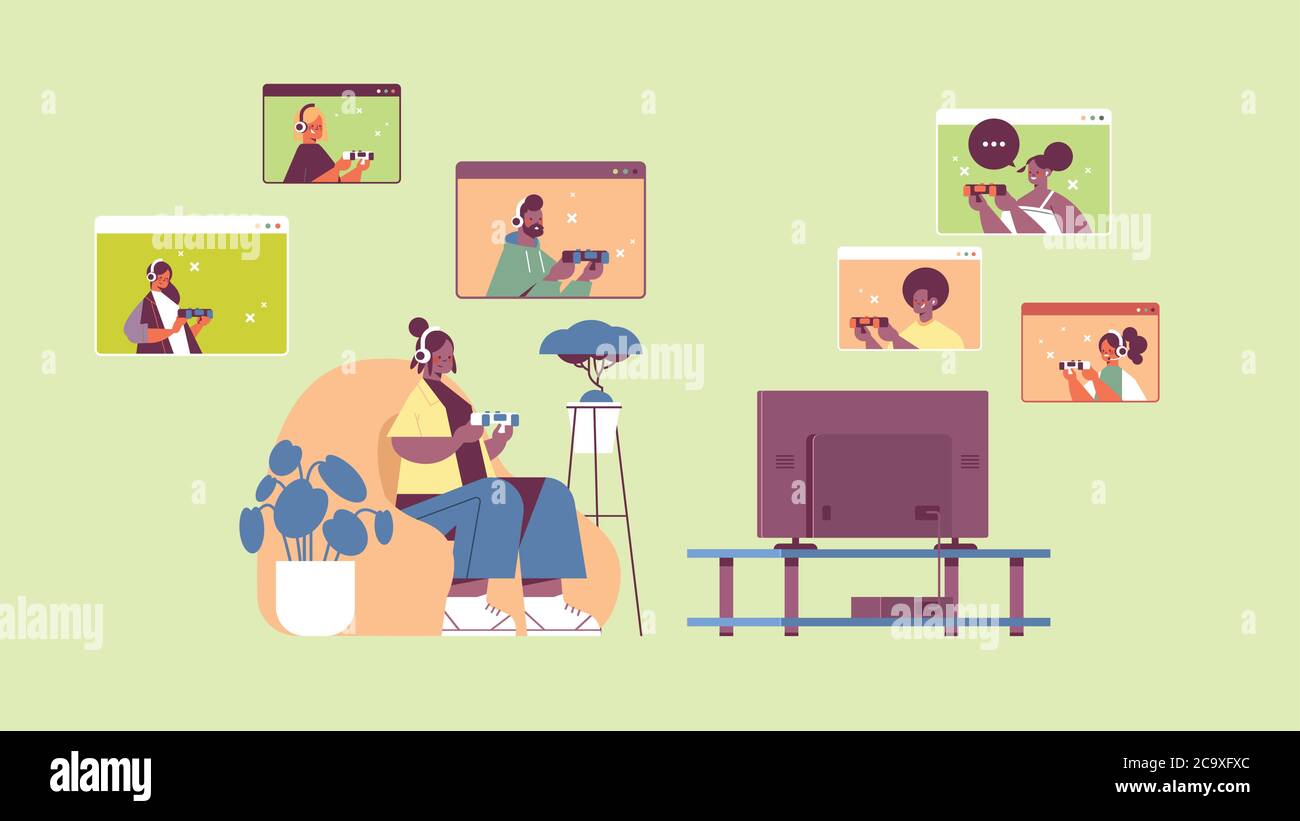 woman playing video games on tv with mix race friends in web browser windows during virtual conference horizontal full length vector illustration Stock Vector