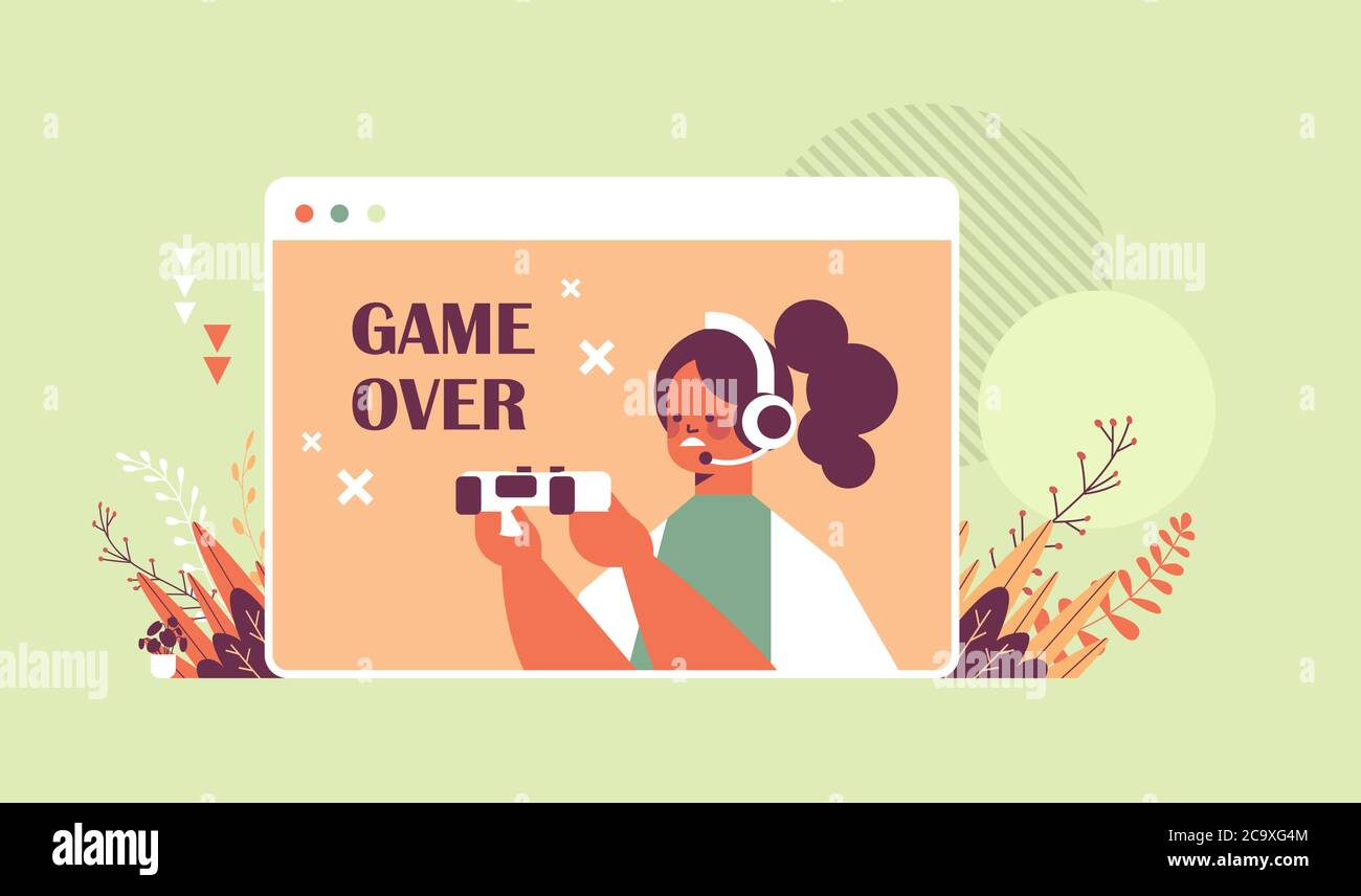 young woman in headphones playing video games girl having fun web browser window horizontal portrait vector illustration Stock Vector