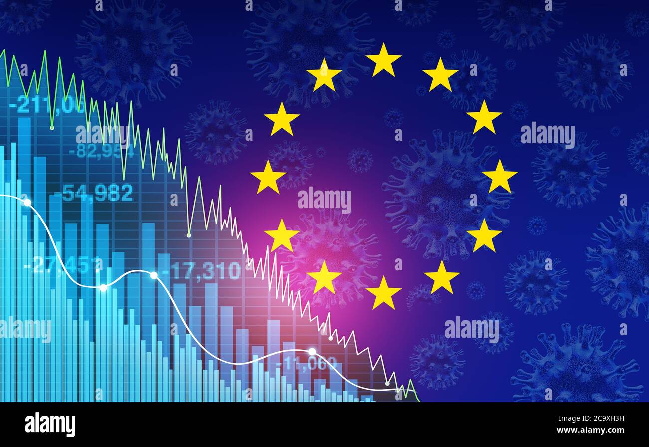 Eurozone recession and European economy and economic pandemic fear and coronavirus fears or virus outbreak and Stock market selling concept. Stock Photo