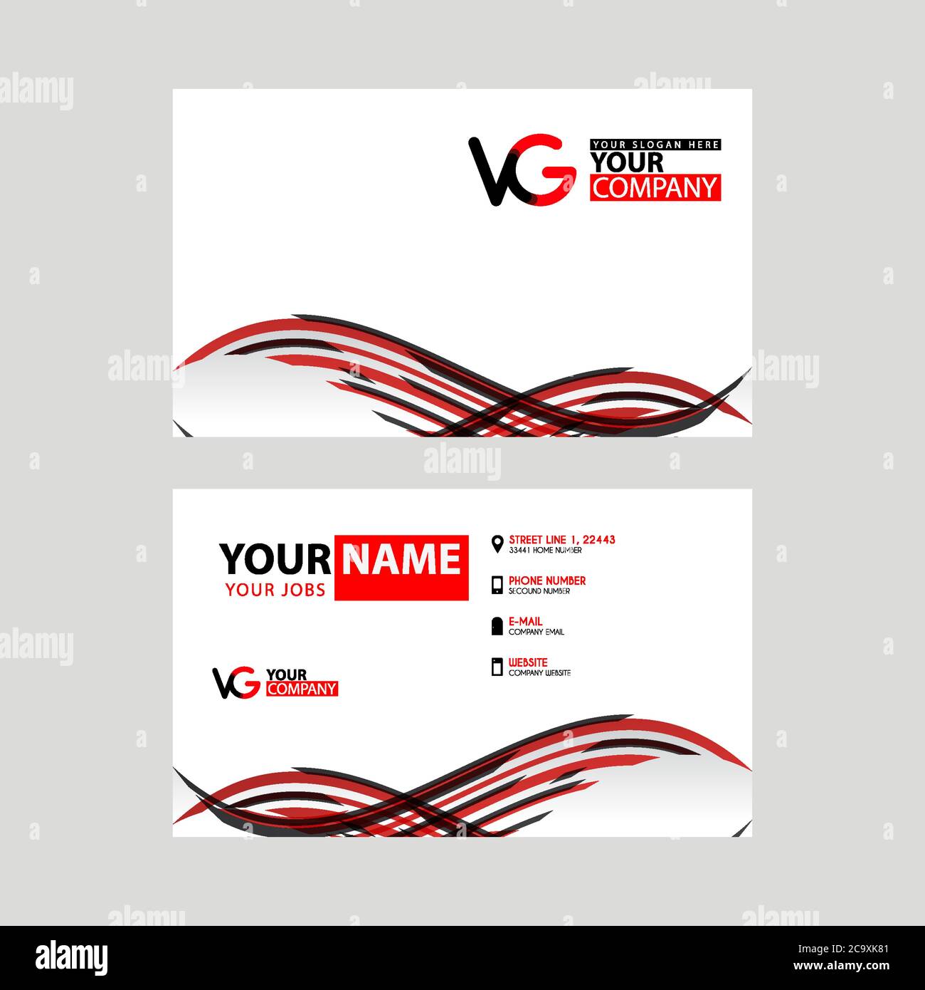 Horizontal name card with VL logo Letter and simple red black and  triangular decoration on the edge.