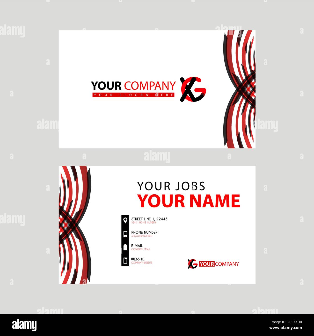 Business card template in black and red. with a flat and horizontal design plus the XG logo Letter on the back. Stock Vector