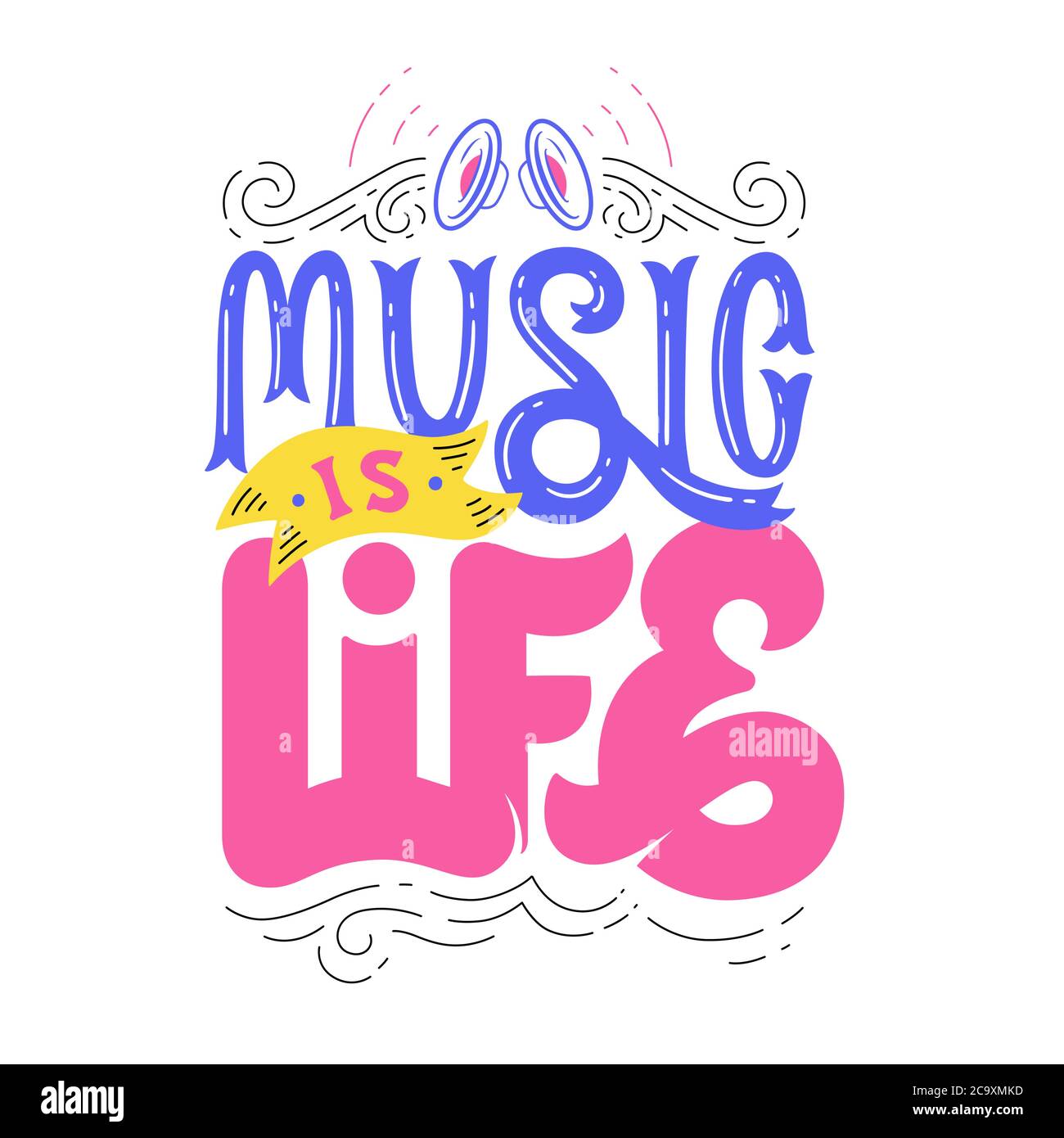 Music is Life. Hand lettering. Design for prints, posters, shirts, postcards, etc. Custom writing letters isolated on white background. Vector Stock Vector