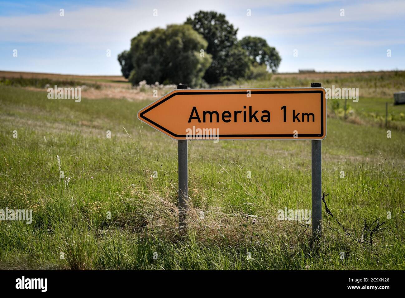 Amerika, Germany. 01st Aug, 2020. A sign shows the way to America. It is not known exactly how the present part of the town of Penig got its name. Credit: Hendrik Schmidt/dpa-Zentralbild/ZB/dpa/Alamy Live News Stock Photo