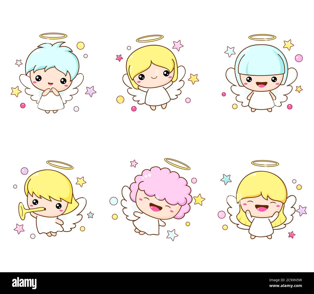 Set of little xmas angels in kawaii style. Cute Christmas angel collection. Vector EPS8 Stock Vector