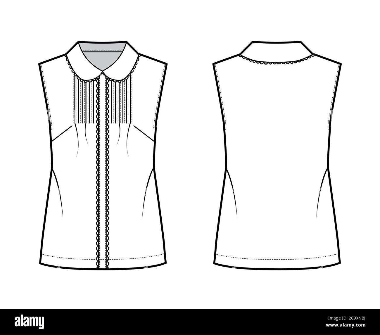 Pintucked blouse technical fashion illustration with round collar, scalloped lace, sleeveless, loose silhouette. Flat shirt apparel template front back white color. Women, men unisex top CAD mockup Stock Vector