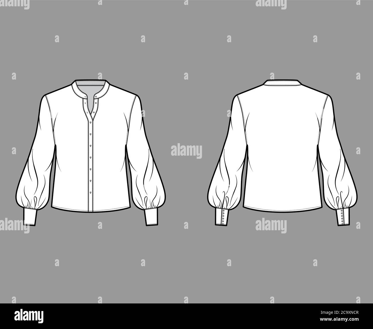 Stand collar shirt technical fashion illustration with long bishop sleeve with cuff, front button-fastening, loose silhouette. Flat blouse apparel template front back white color. Women men unisex top Stock Vector