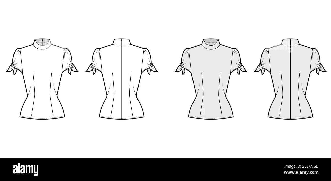 Knotted cutout blouse technical fashion illustration with high neckline, puffed volume sleeves, back zip fastening. Flat apparel template front, back white, grey color. Women men unisex garment mockup Stock Vector