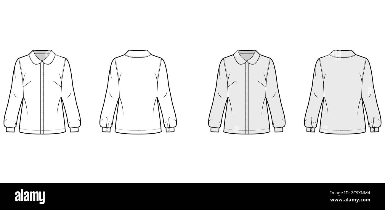 Round collar shirt technical fashion illustration with loose silhouette, long sleeve with cuff, front button fastening. Flat apparel blouse template front back white grey color. Women, men unisex top Stock Vector