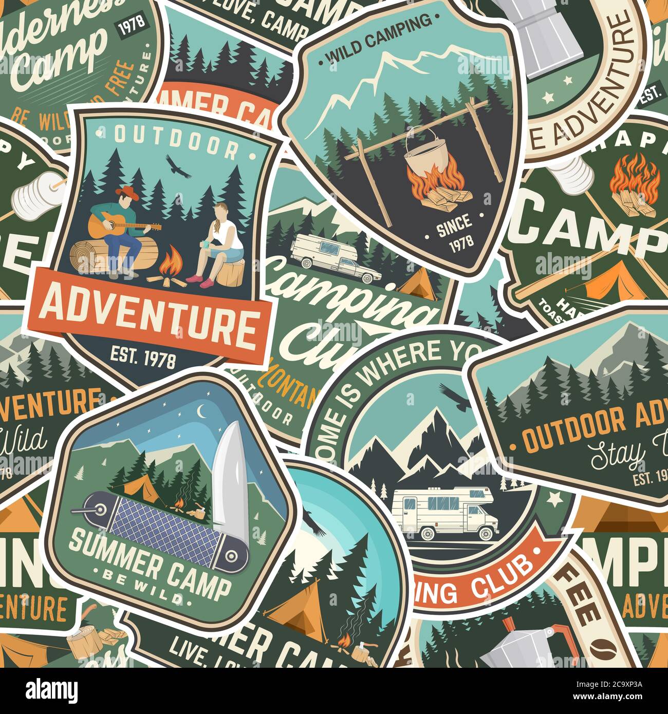 Summer camp colorful seamless pattern with rv trailer, camping tent