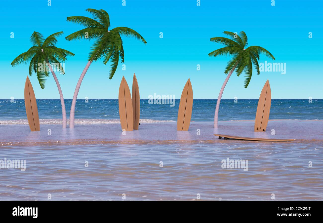 surf boards and palm trees on the beach 3D rendering Stock Photo - Alamy