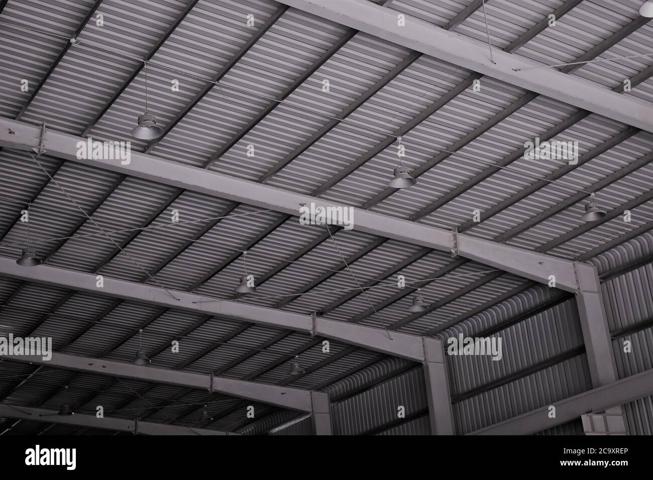 Industrial warehouse interior and outdoor of roof ceiling structure. Stock Photo
