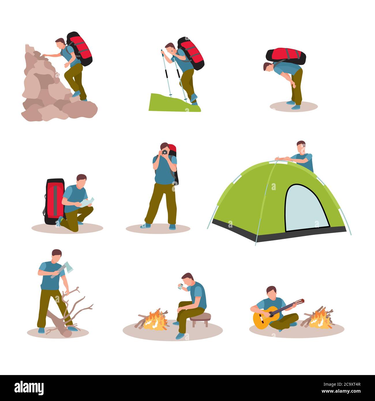 Hiking vacation vector characters set isolated on white background Stock Vector