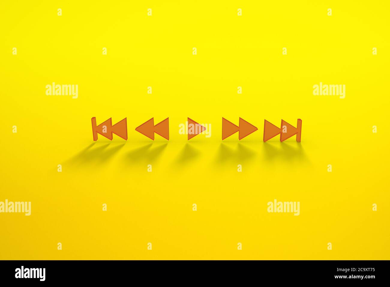 a set of music play buttons in a yellow background. 3D rendering. Stock Photo