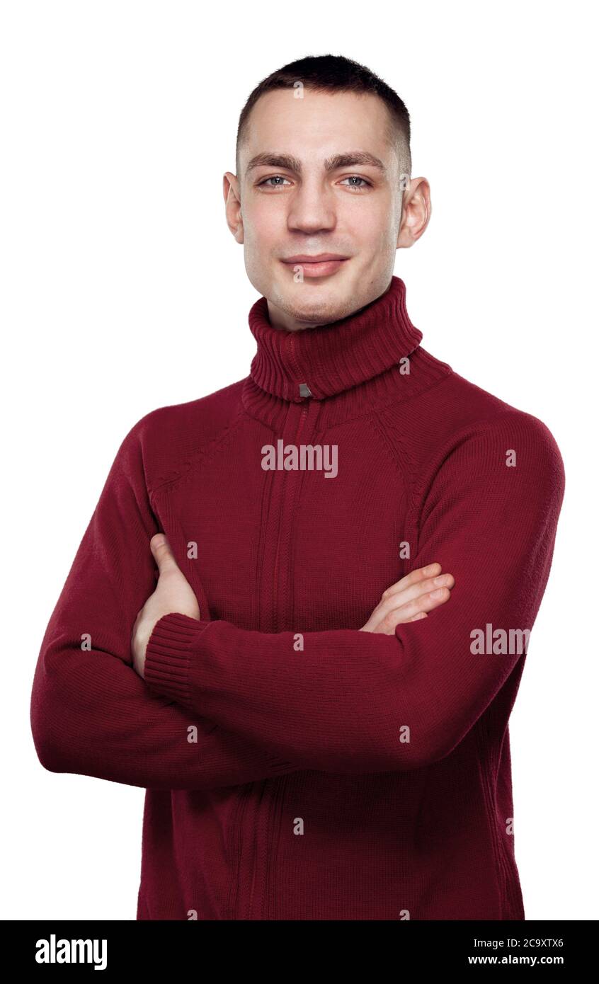 Portrait of young handsome smiling man looking at camera over white ...