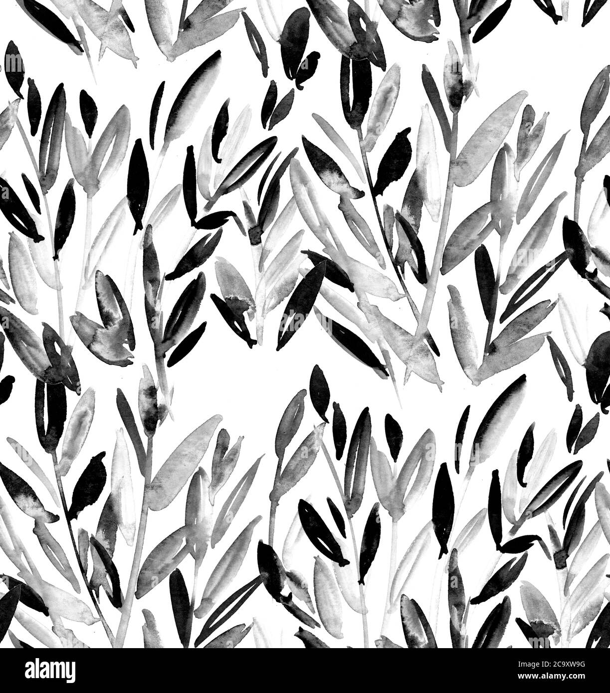 Black and white elegant watercolor natural leaves seamless pattern for background, wrap, fabric, textile, wrap, surface, web and print design. Hand dr Stock Photo