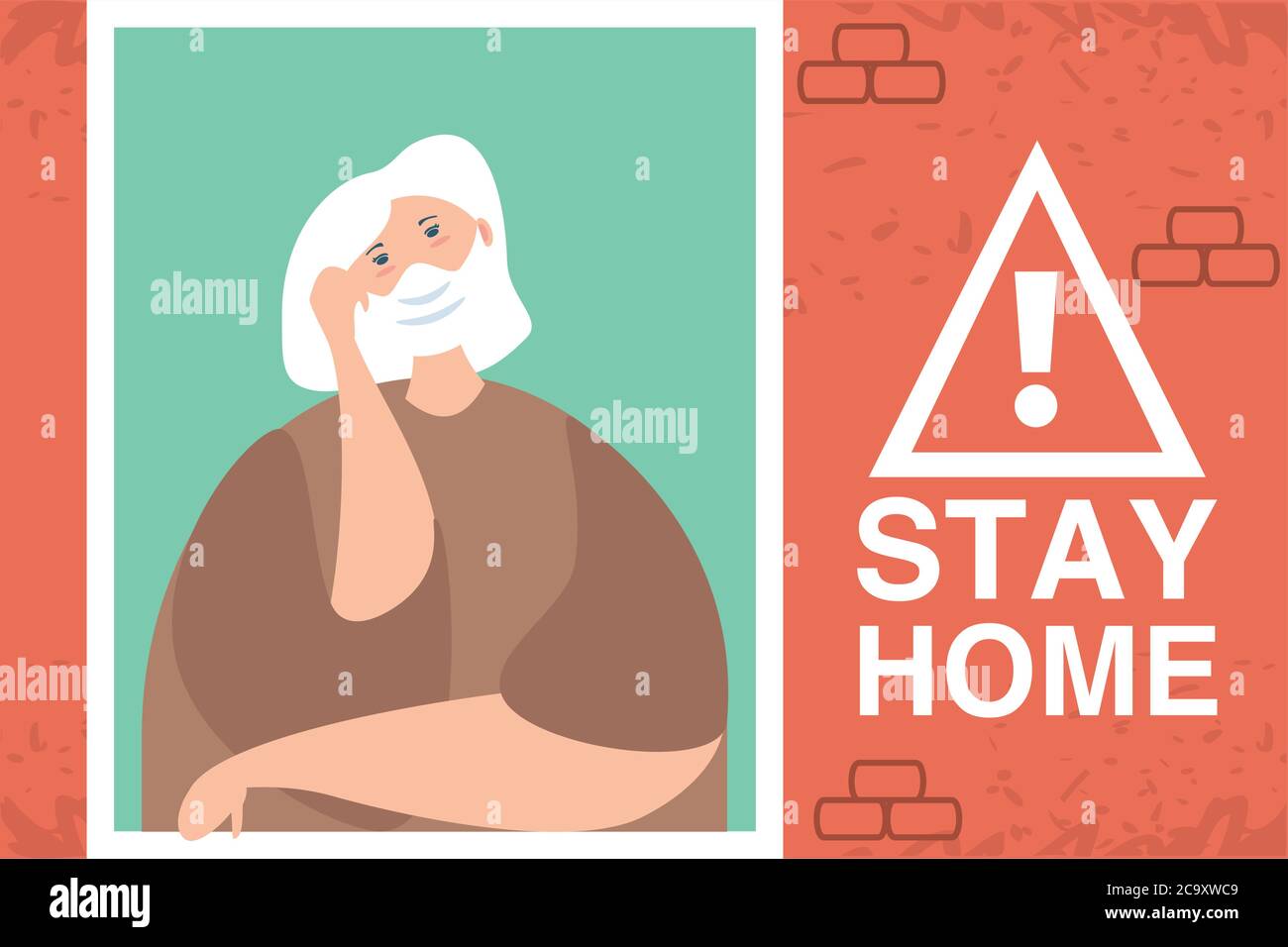stay at home campaign, elderly woman in the house window vector illustration design Stock Vector
