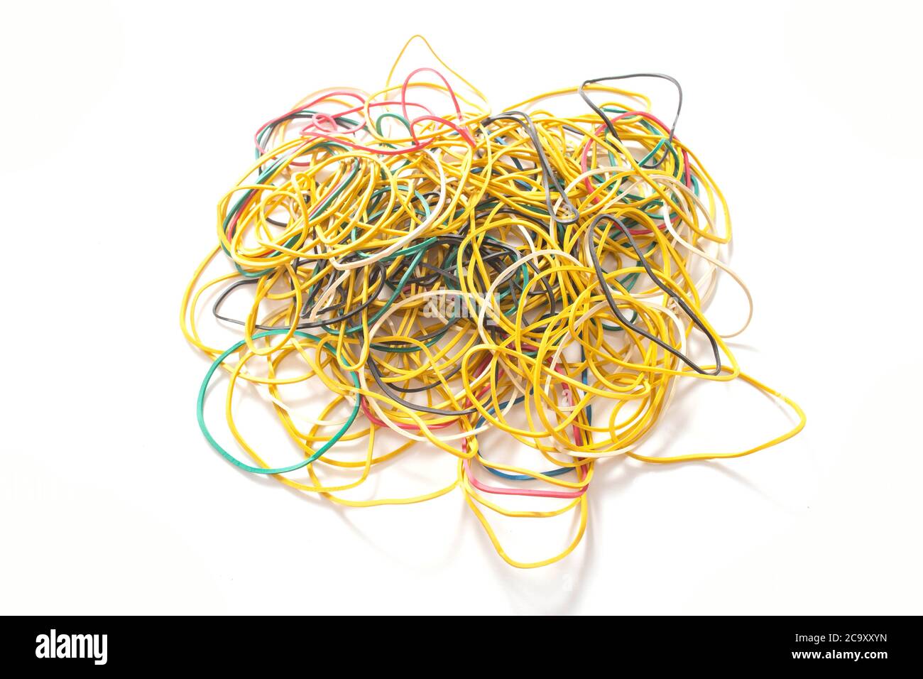 Many multi-colored rubber bands for money on a white background, isolate. Stationery concept, colorful Stock Photo