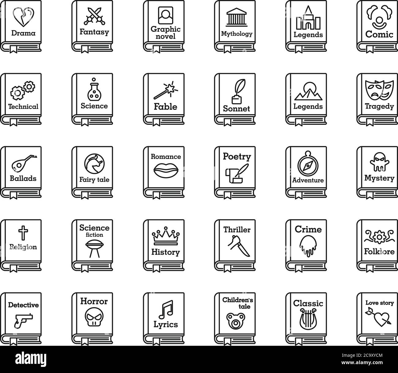 Literary genres book icons set. Outline set of literary genres book vector  icons for web design isolated on white background Stock Vector Image & Art  - Alamy