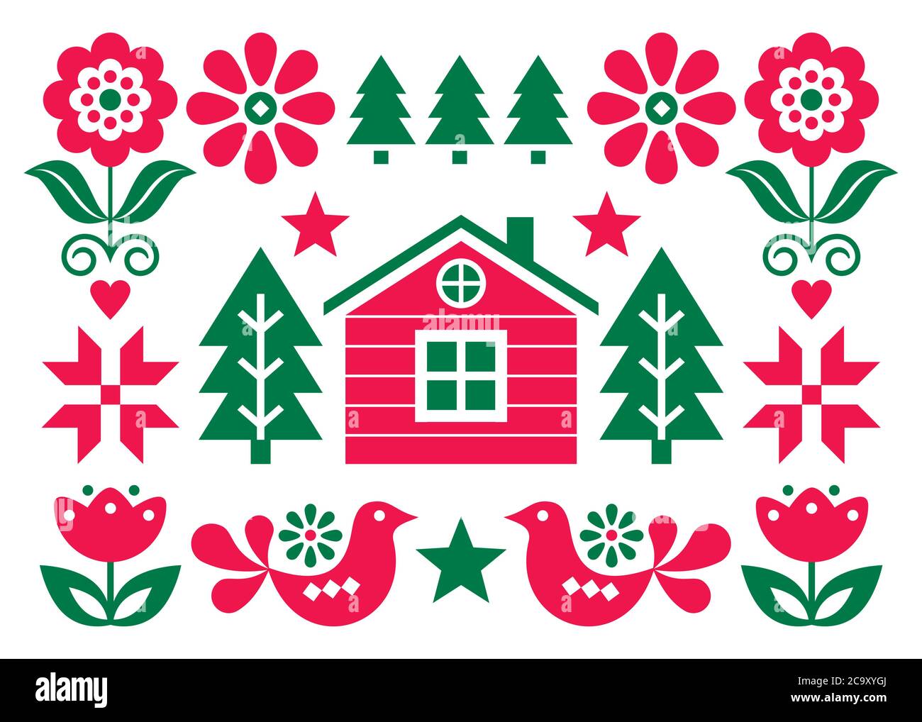 Christmas Scandinavian folk art vector greeting card design in red and green in 5x7 format with Christmas trees, birds, flowers and Finnish house Stock Vector