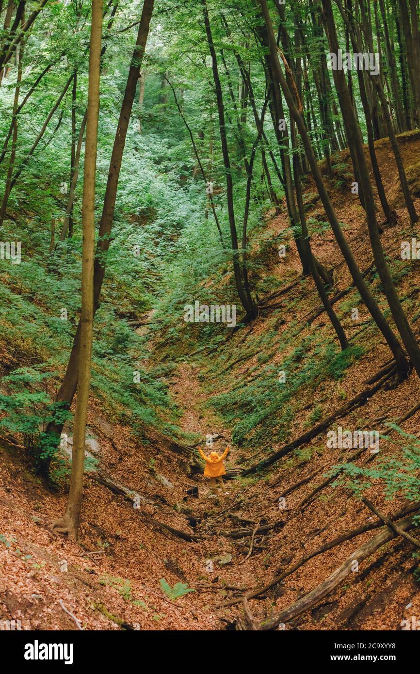 man in yellow raincoat hiking by forest Stock Photo - Alamy
