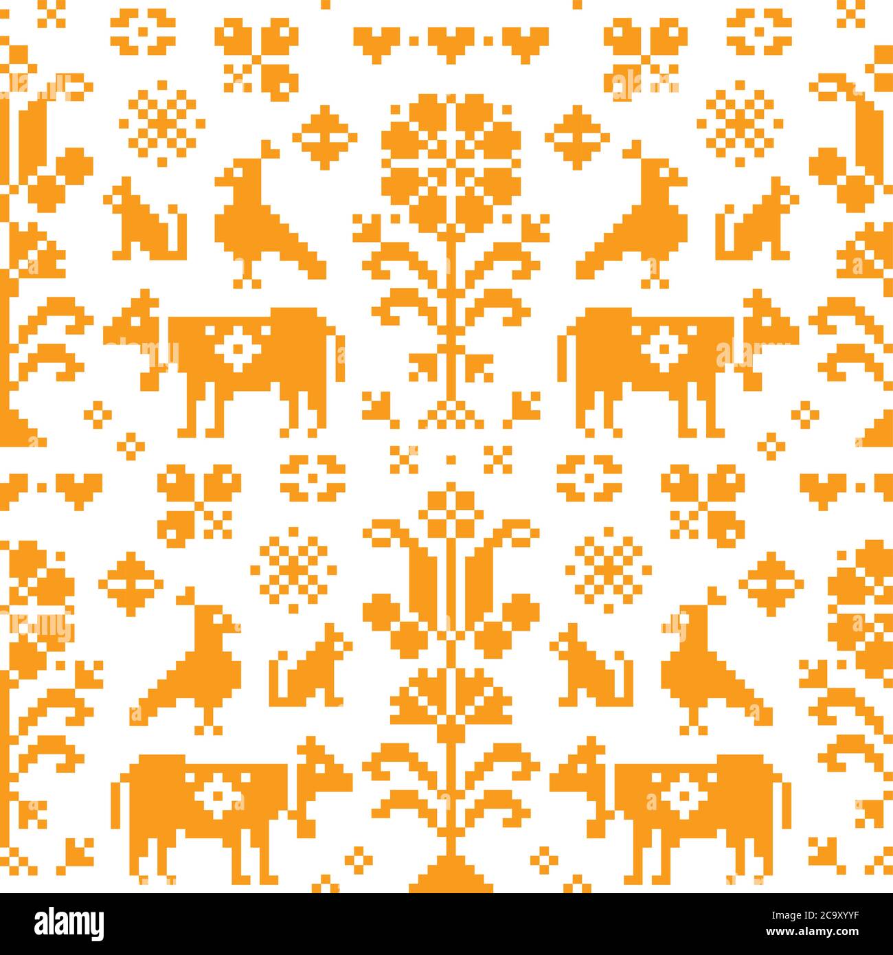 Austrian and German cross-stitch vector seamless folk art pattern, emrboidery tile design with birds, dogs, cows, hearts and flowers Stock Vector