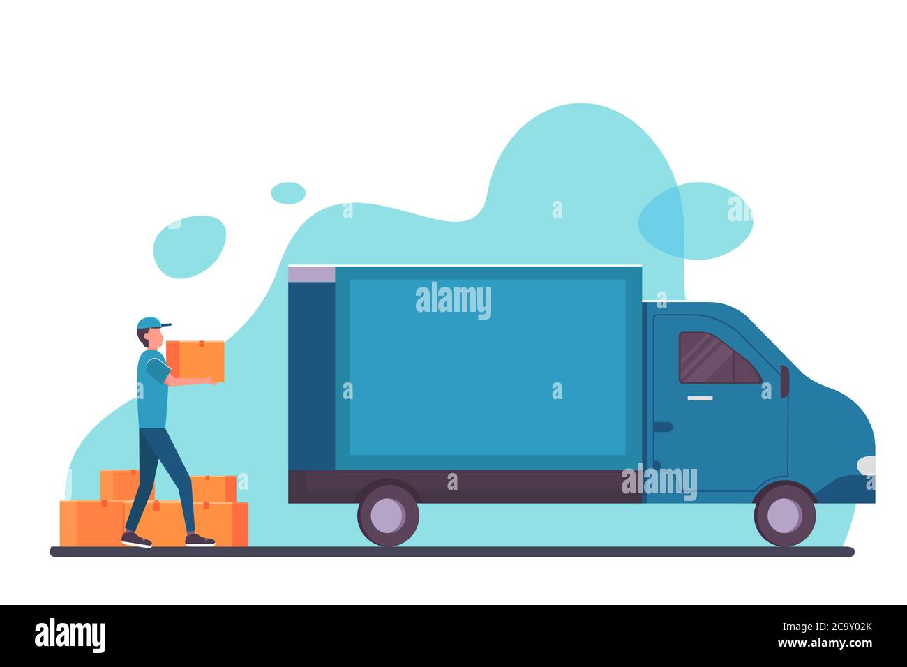 courier man bring the package to the delivery car illustration Stock Vector
