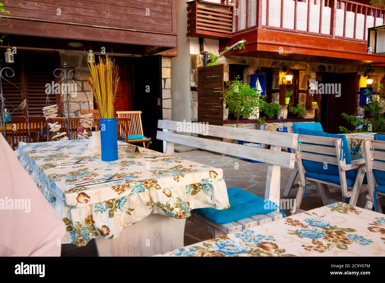 sozopol, bulgaria, - AUG 11, 2015: restaurant at the seaside. terrace with no visitors Stock Photo