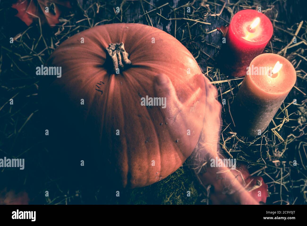 A transparent ghost hand reaching out to touch a big orange pumpkin on dark rustic wood background with hey and candles with burning flames Stock Photo