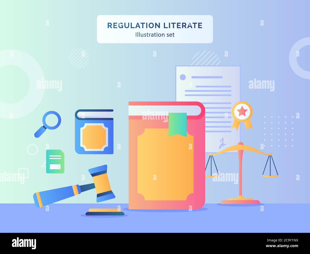 Regulation literate illustration set book hammer background of scale certified ribbon document contract with flat style. Stock Vector