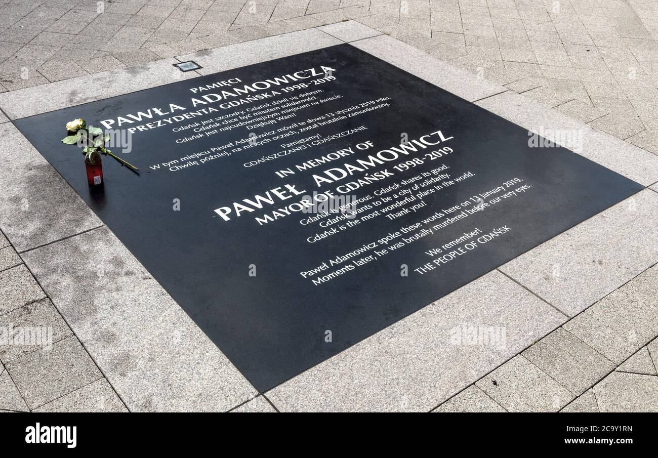 Gdansk, Pomerania / Poland - 2020/07/14: Memorial of Pawel Adamowicz, major of Gdansk, in place of mortal public assassination on January 13, 2019 Stock Photo