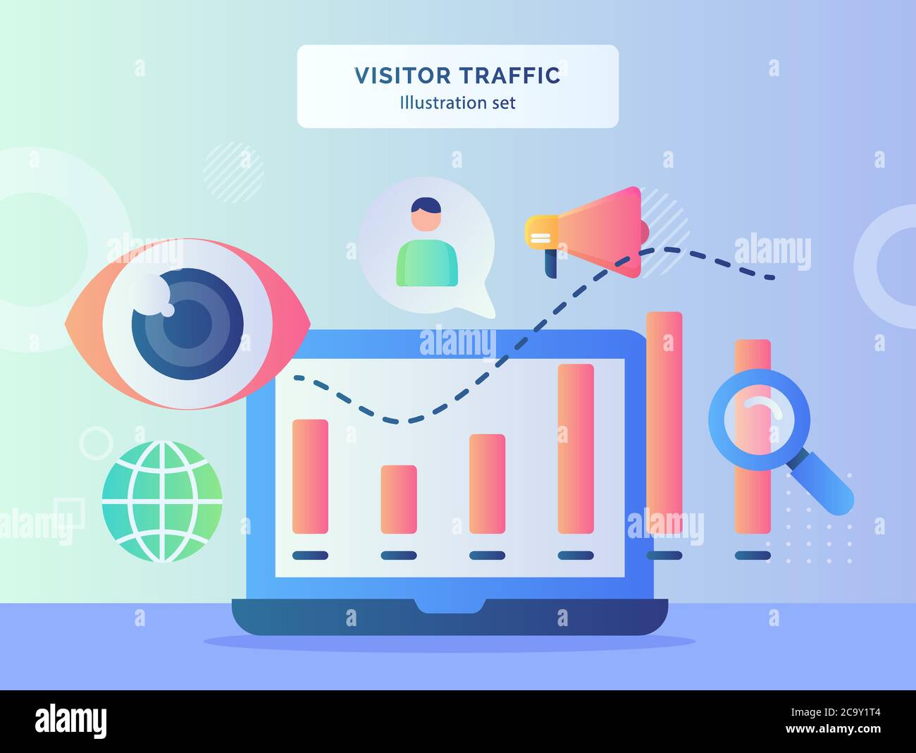 Visitor traffic illustration set statistic chart on monitor laptop