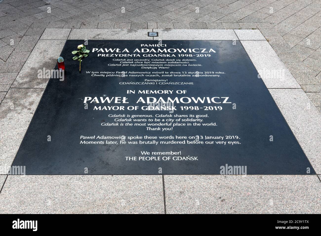 Gdansk, Pomerania / Poland - 2020/07/14: Memorial of Pawel Adamowicz, major of Gdansk, in place of mortal public assassination on January 13, 2019 Stock Photo