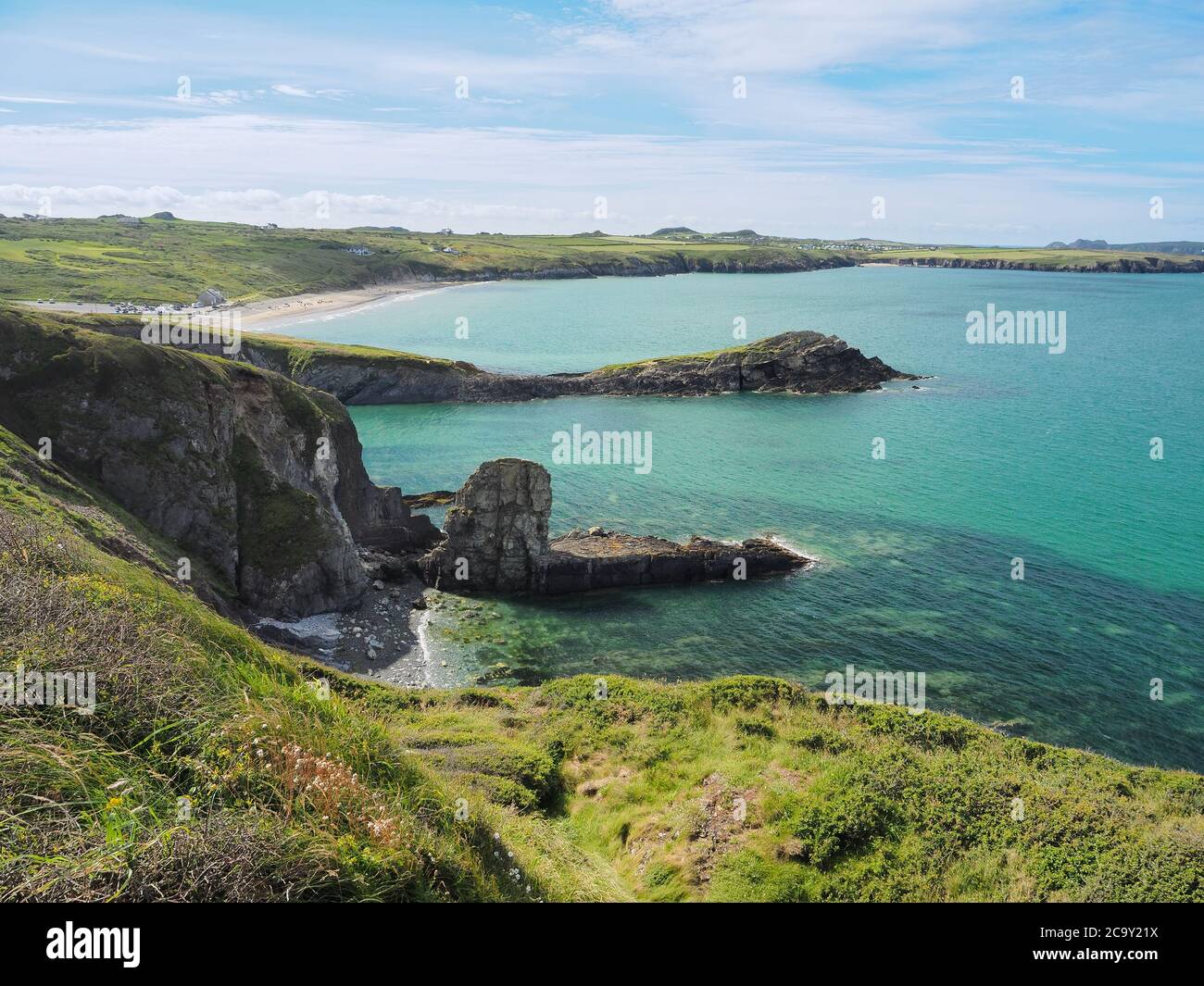 View from path on St Davids Peninsula over Whitesands Bay, Pembrokeshire, Wales Stock Photo