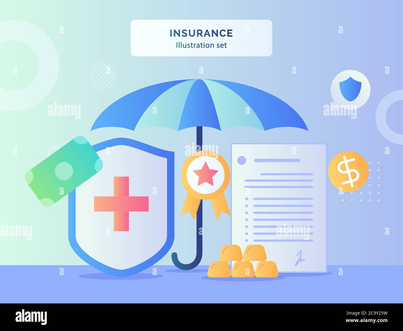 Insurance illustration set umbrella around red cross shield certified ribbon contract letter
