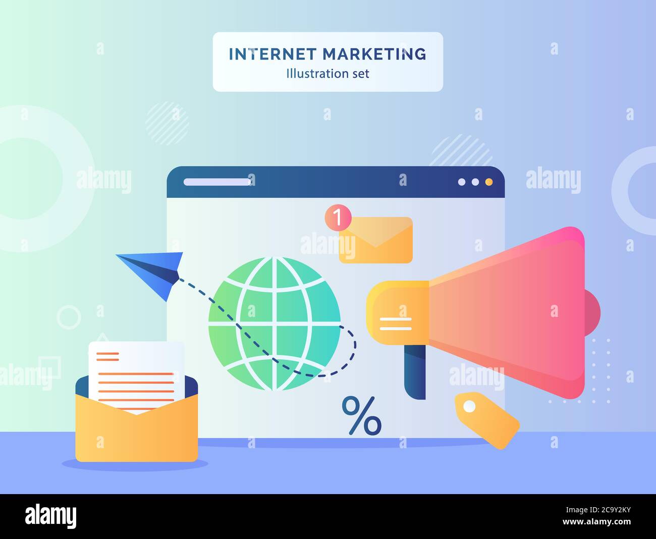 Internet marketing illustration set paper plane flying from globe in ...