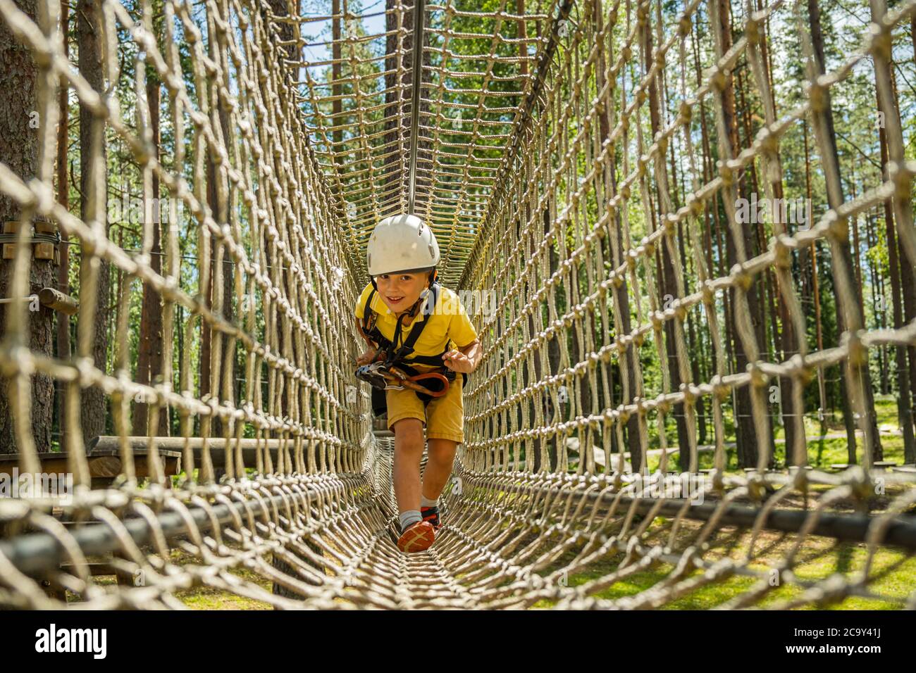 Little boy with climbing gear climbing rope trail between pine trees in