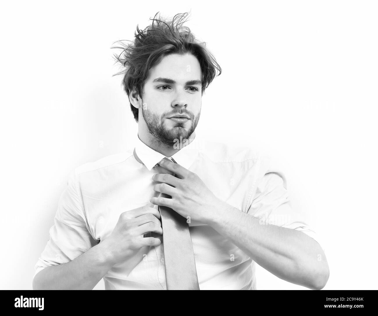 Bearded man, short beard. Caucasian serious macho with moustache and