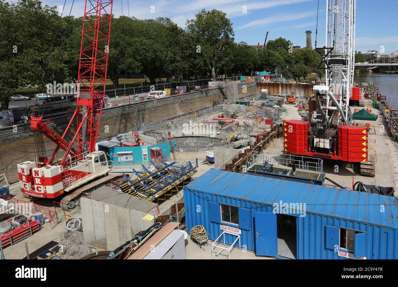 The Thames Tideway sewer construction site at Chelsea Embankment, London. Shows the steel cofferdam and concrete shafts to the main tunnel 50m below. Stock Photo