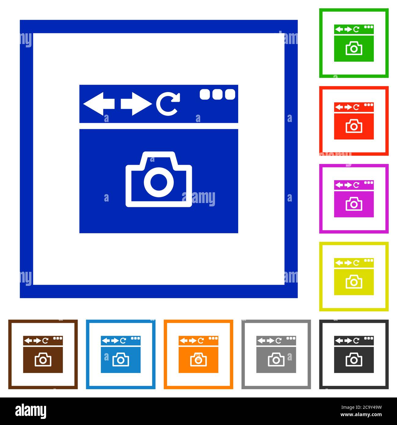 Capture browser screen flat color icons in square frames on white ...