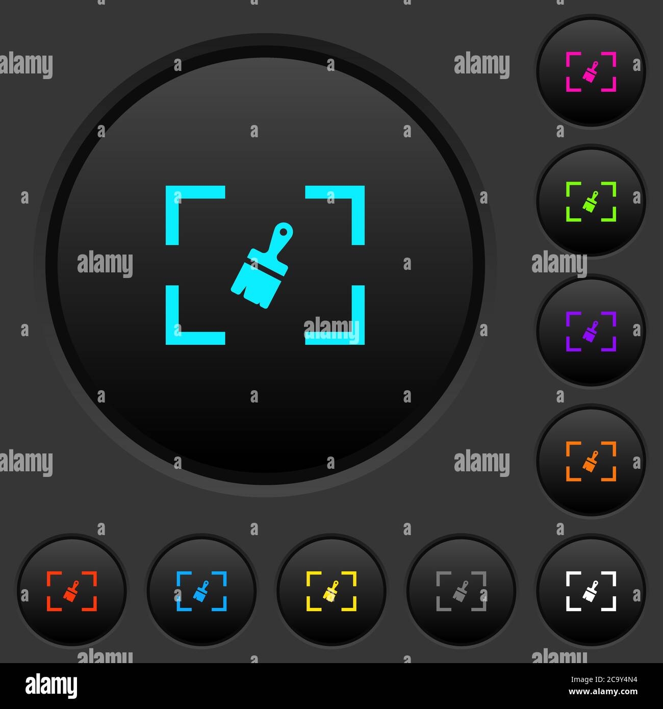 Camera sensor cleaning dark push buttons with vivid color icons on dark