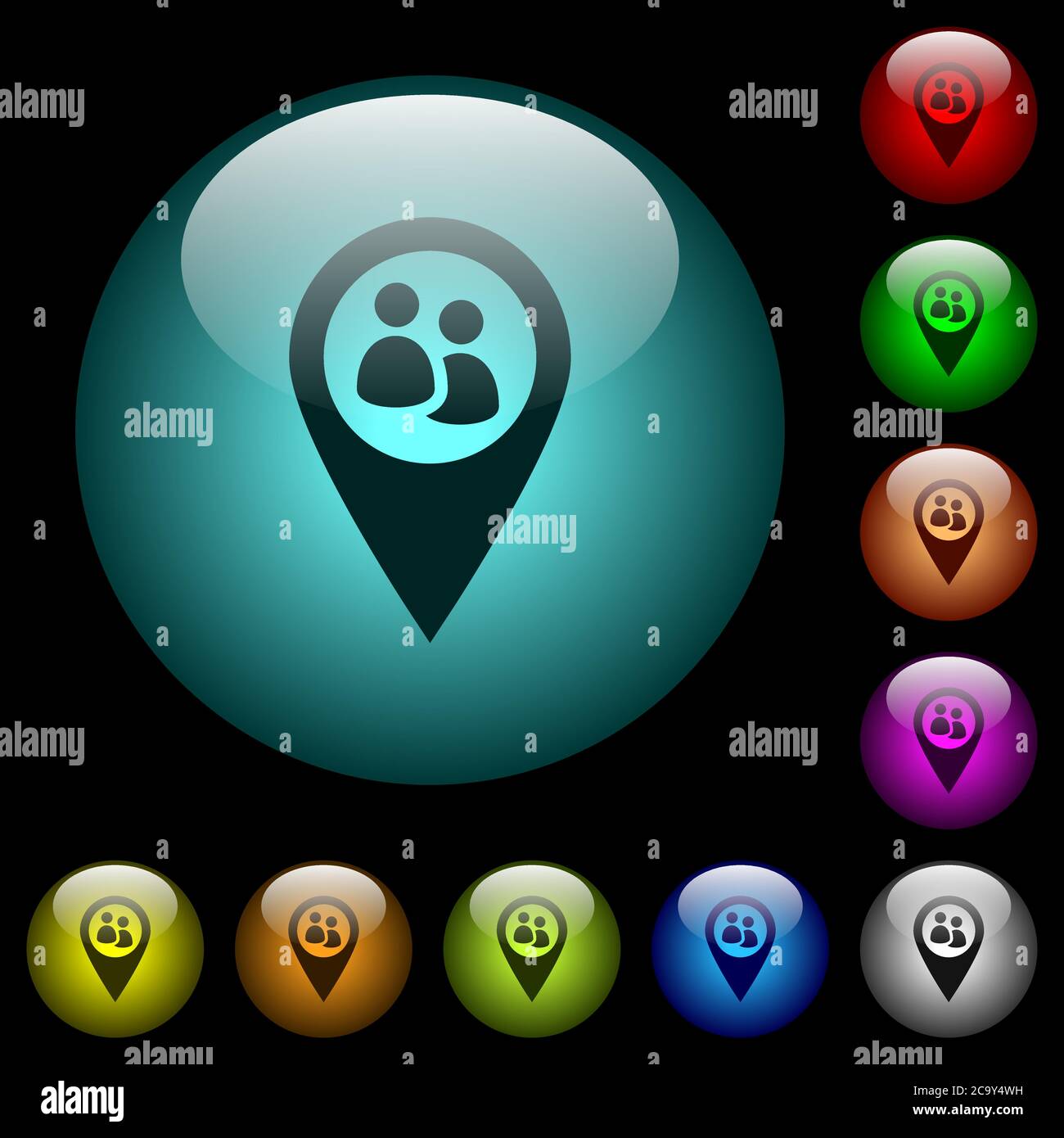 Fleet tracking icons in color illuminated spherical glass buttons on ...