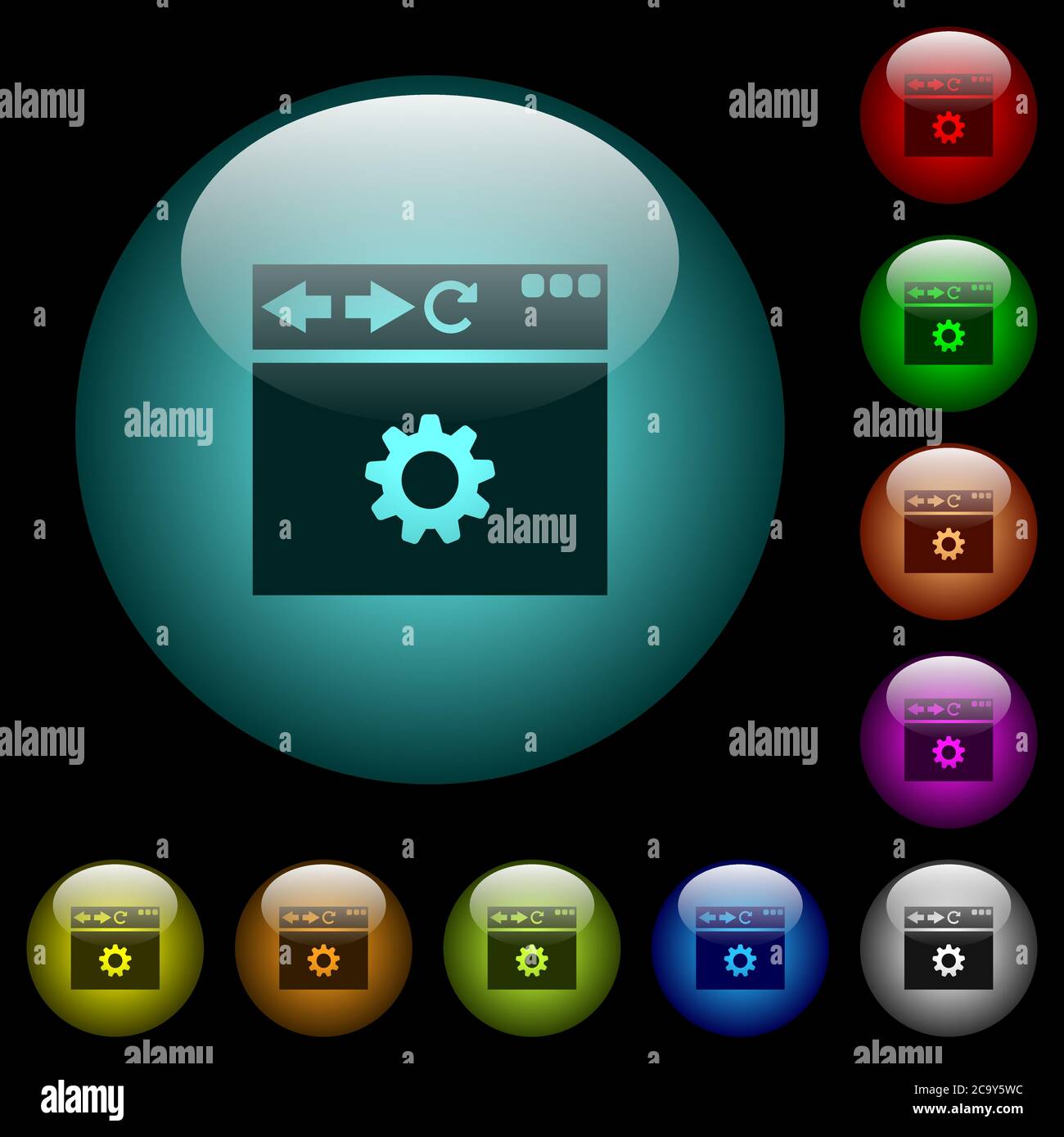 Browser settings icons in color illuminated spherical glass buttons on ...