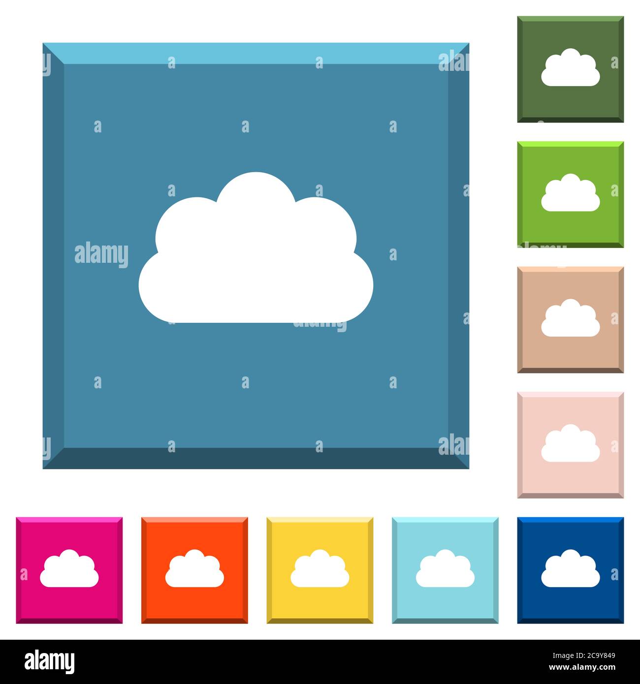 Cloud white icons on edged square buttons in various trendy colors ...