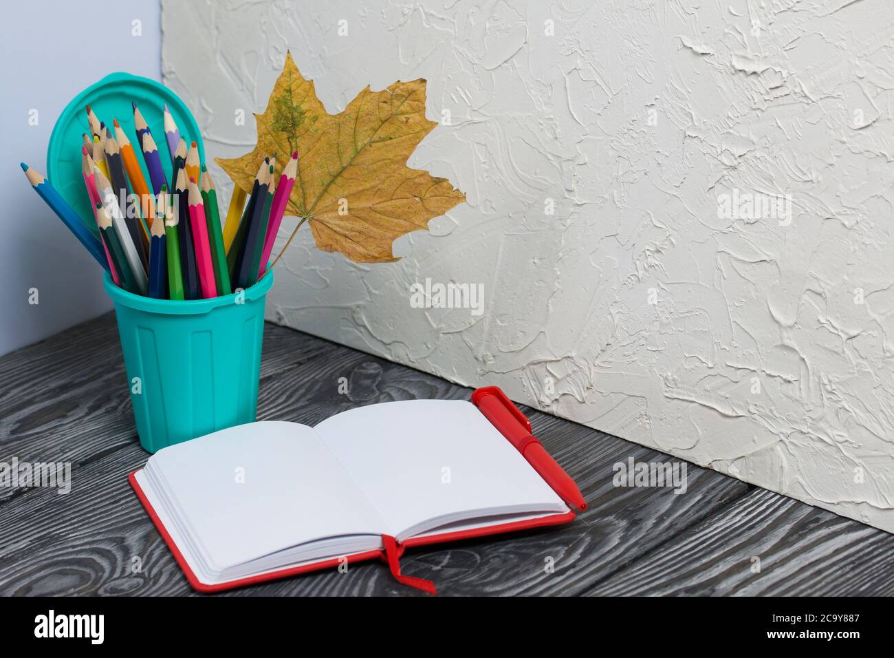 A pencil case in the form of a trash can. It contains colored pencils.  Nearby is a notebook for notes. Dried maple leaves are added to the  composition Stock Photo - Alamy