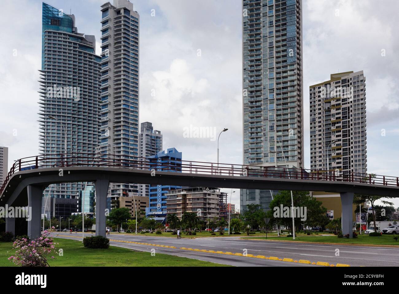 Empty roads on traffic free Sunday in Panama City with a flyer and tall buildings, Panama, Central America Stock Photo