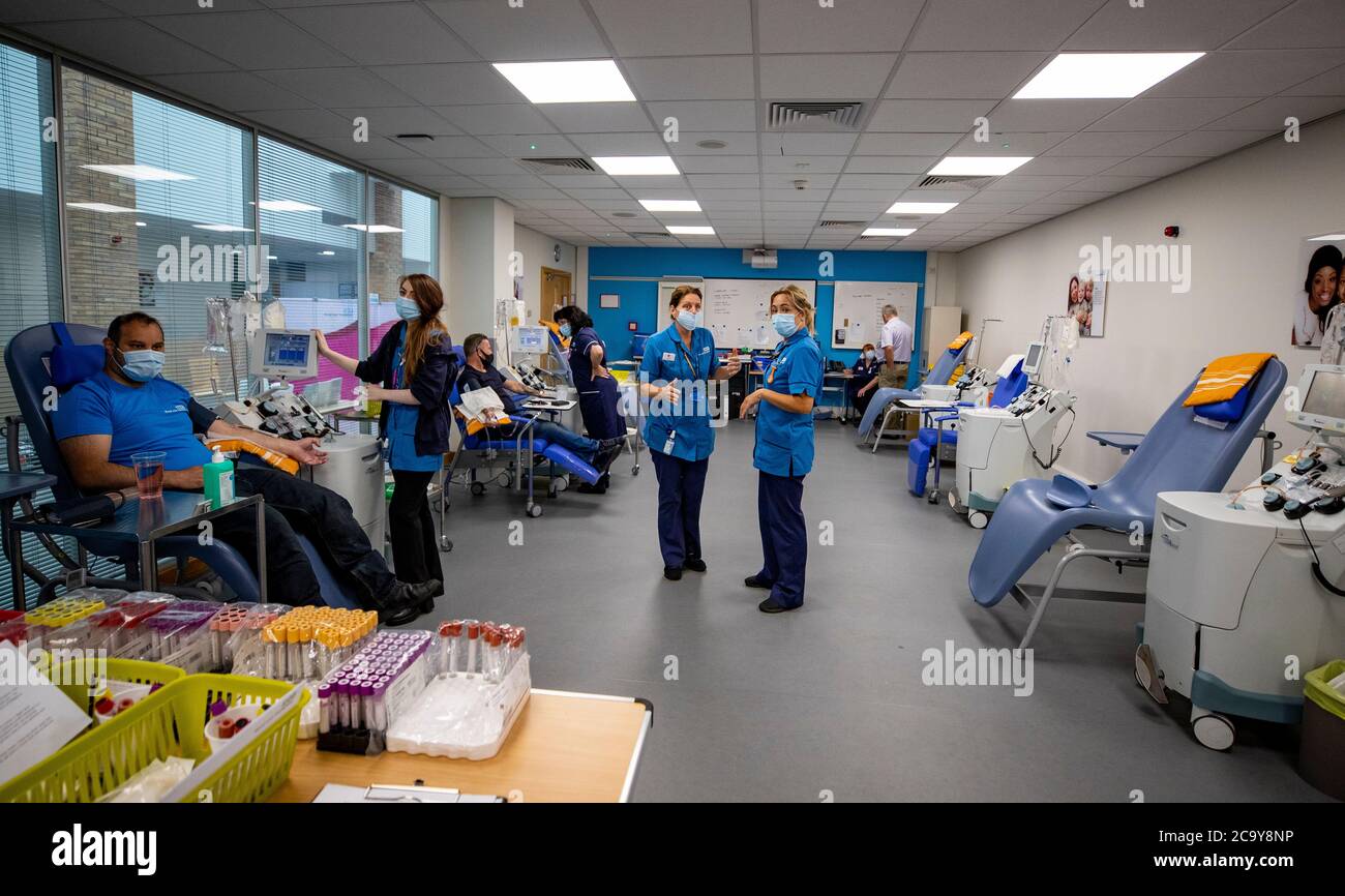 NHS Liverpool Blood and Transplant staff inside a pop up plasma donor ...