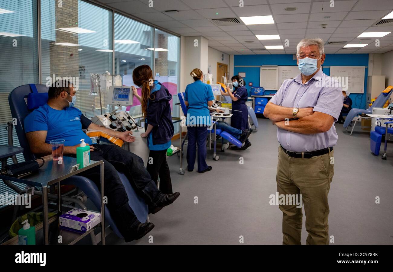 Malcolm Shaw, 72, England's oldest plasma donor, at a pop up plasma donor centre in Speke, Liverpool. An urgent appeal has been issued for recovered coronavirus patients to donate their blood plasma in a bid to help the NHS treat people who fall ill during a potential second wave. Stock Photo