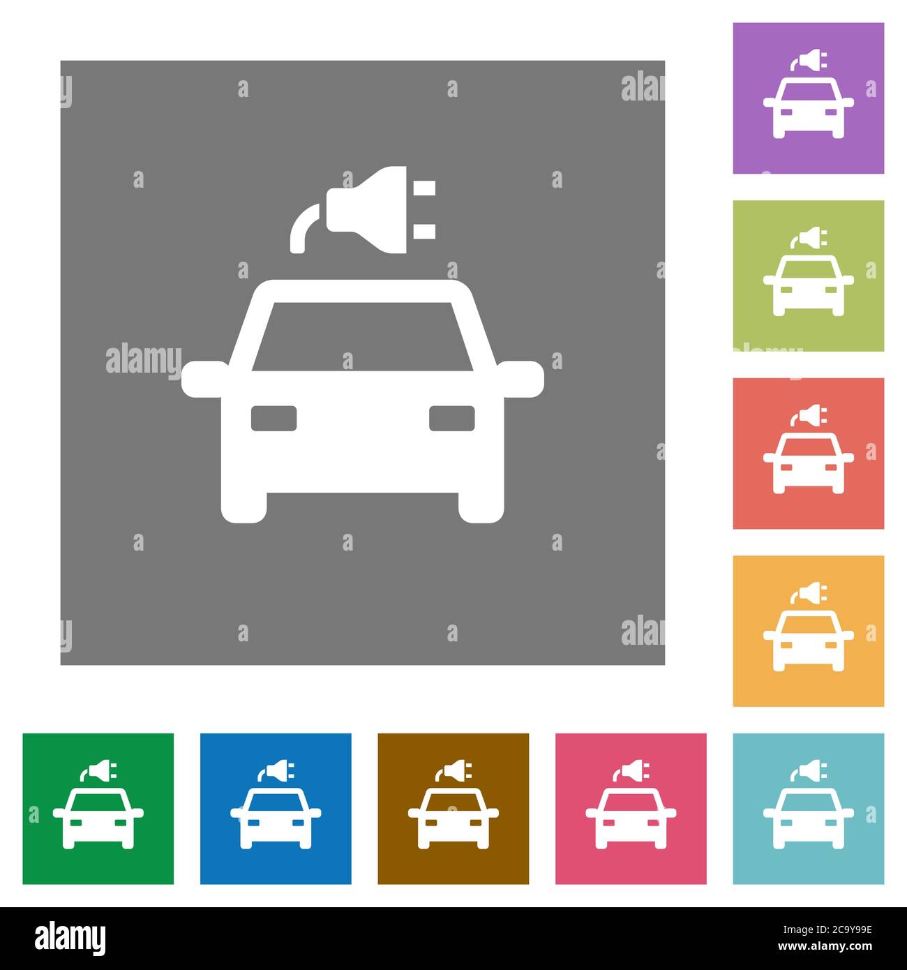 Electric car with connector flat icons on simple color square backgrounds Stock Vector