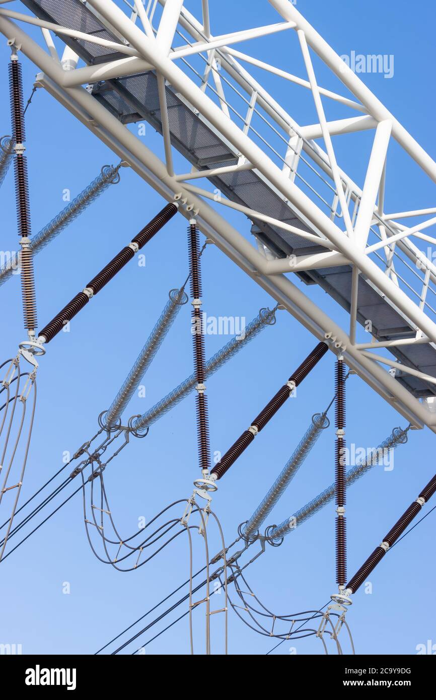 Close up of an new Dutch electricity distribution station with large isolators Stock Photo